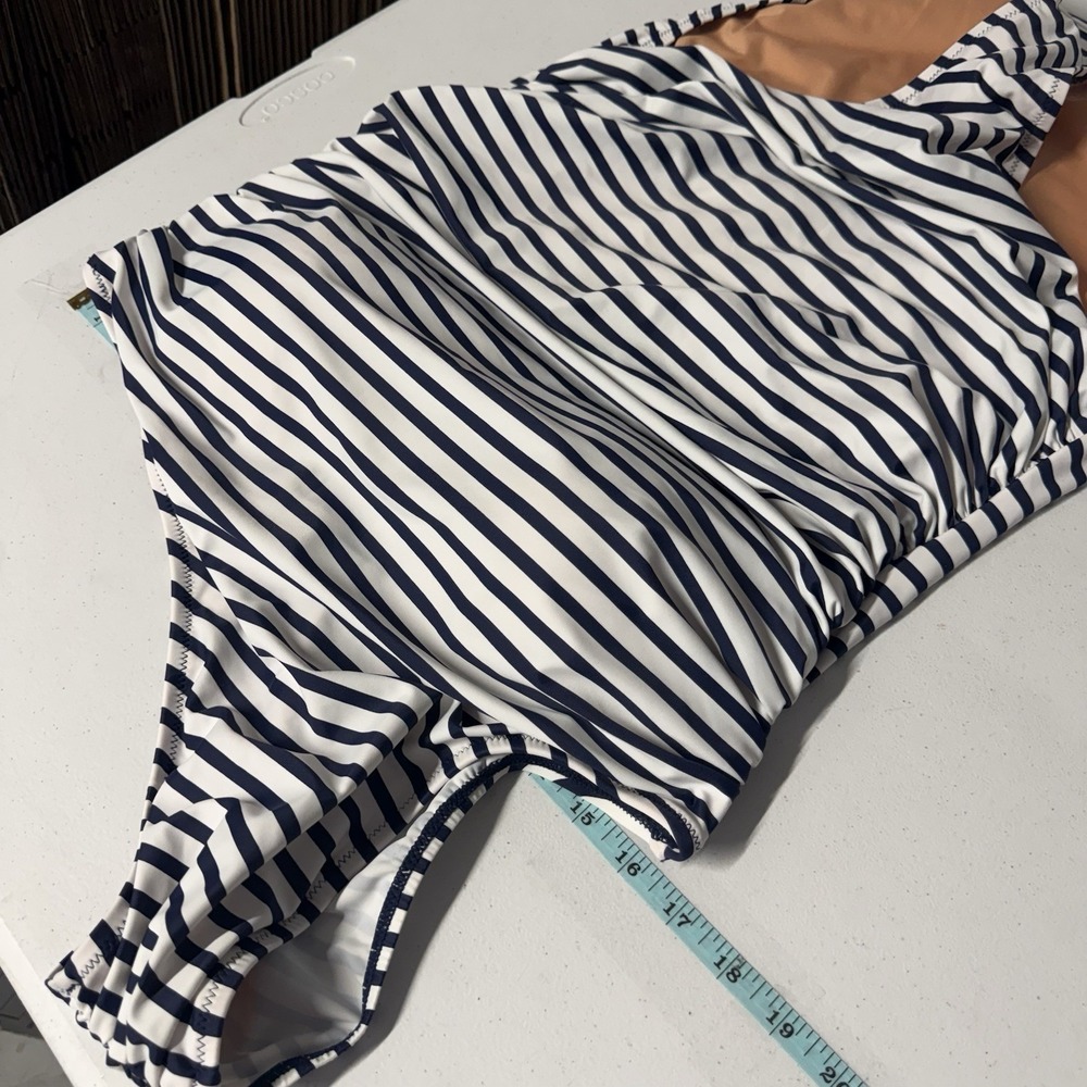 J.Crew Ruched One Shoulder One Piece Navy White Stripe Size 14 Coastal NEW - Picture 3 of 16